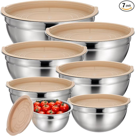 7 Pcs Stainless Steel Mixing Bowls With Lids Set, Stackable Metal Nesting Bowls with Airtight Covers for Cooking, Baking, Serving, Non-toxic & Dishwasher Safe, Size 0.63/1/1.4/2/2.5/3.2/4.2QT