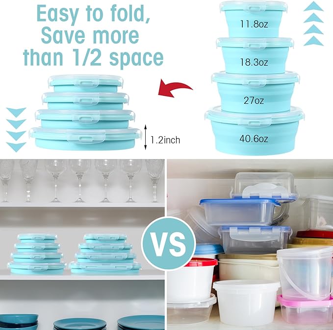 Yaomiao 16 Pack Collapsible Food Storage Containers with Lid Foldable 8 Pcs Rectangle Storage Bowl and 8 Pcs Round Silicone Food Bow for Lunch Rv Accessories Microwave Freezer Safe(Blue)