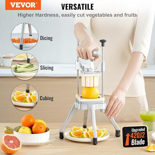 VEVOR Commercial Vegetable Fruit Chopper, Stainless Steel French Fry Cutter w/ 4 Blades 1/4" 3/8" 1/2", Vegetable Chopper Dicer w/Stainless Bowl, Heavy Duty Cutter for Potato Tomato Onion Mushroom
