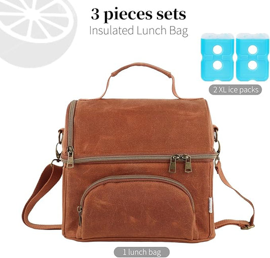 Lunch Box for men with 2 XL icepacks,Sturdy Waxed Canvas Insulated Lunch Bag for Adult, Dual Compartment Soft Cooler Bag For Work, Picnic, Travel, Outdoors (10.5L) 10"x7"x9.5" (Rustic brown)