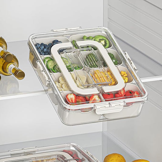 Divided Serving Tray with Lid and Handle Charcuterie Container Snackle Box Portable Storage Organizer Platter with Forks and Spoons for Fruit, Snacks, Veggie, Nuts, Perfect for Party, Picnic(1 Pack)