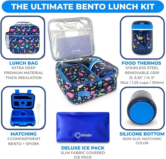 Bento Lunch Box for Kids with Stainless Steel Thermal Food Jar for Hot Food Soup, Insulated Lunch Bag and Ice Pack Set, Lunch Container Boxes with 4 Compartments, Blue Rocket Dinosaur