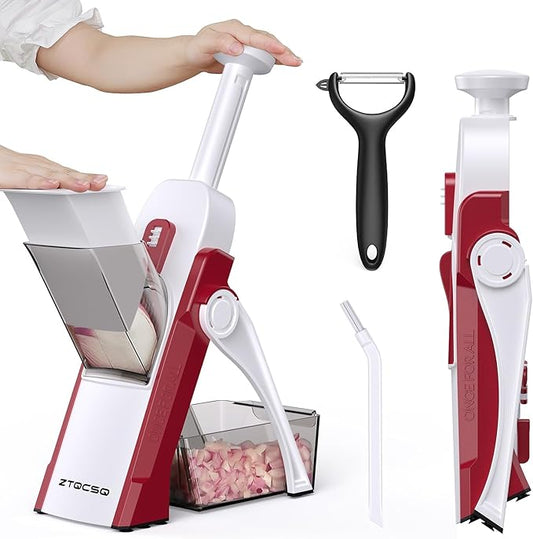 5 in 1 Safe Mandoline Slicer for Kitchen, Safe Vegetable Chopper with Paring Knife, Adjustable Thickness, Easy to Clean, Vegetable Slicer, Slicing, Strips, Shredding, Dicing, Chop (RoseRed)