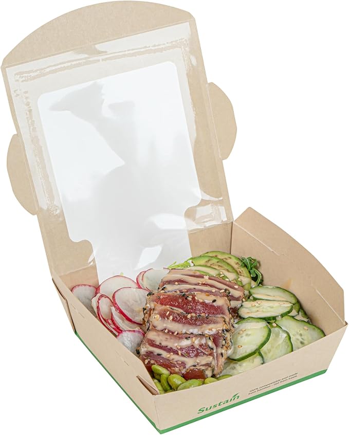 Restaurantware-Sustain 26 Ounce Sturdy Paper Take Out Boxes, 50 Disposable Take Out Food Containers - With PLA lining, Clear PLA Window, Bamboo Paper Containers, Compostable, Tab-Lock Design