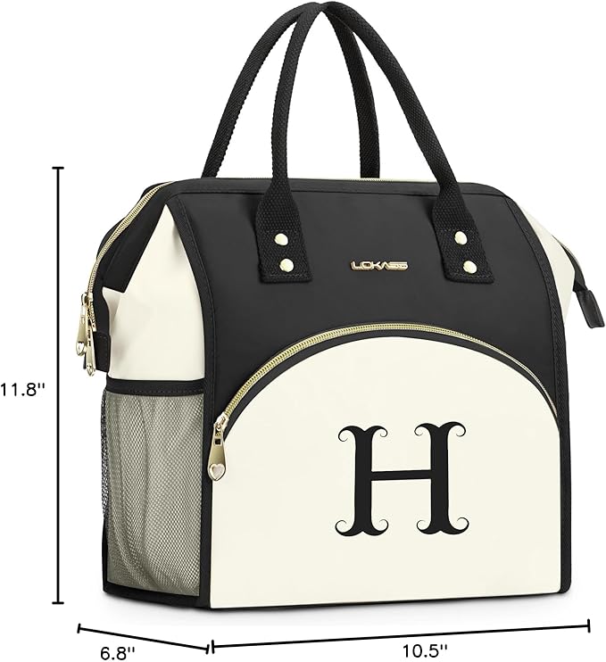 Personalized Lunch Bag for Women, Preppy Reusable Insulated Initials Lunch Box Gift for Friend Large Wide-Open Water Resistant Adult Cooler Tote Bag for Work, Travel, Picnic - Black H