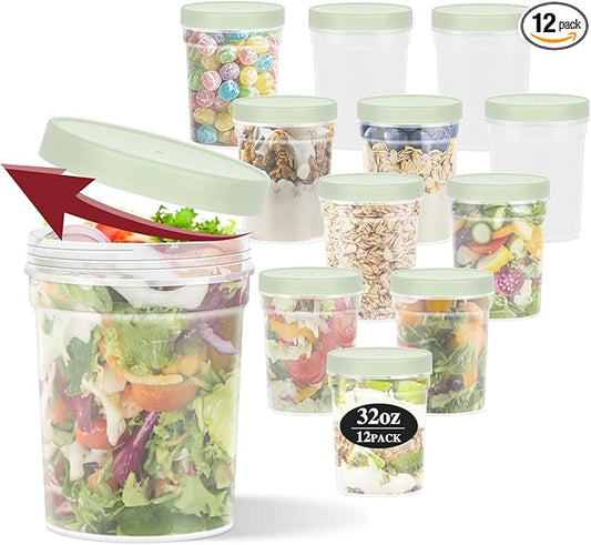 32 oz -12 Pack Reusable Food Freezer Storage Containers with Lids BPA Free, Twist Top Deli Container, Leak Proof, Stackable, Microwave and Dishwasher Safe-Elegant Green