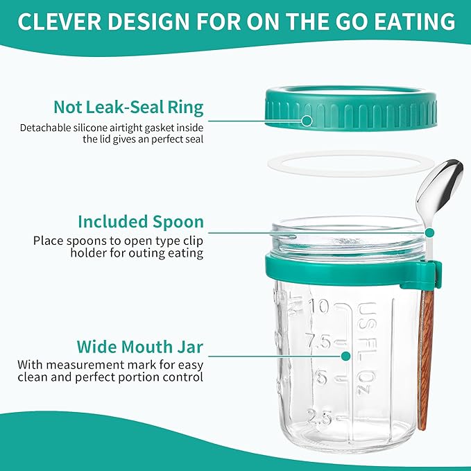 6 Pack Overnight Oats Containers with Lids and Spoons-18 Oz Overnight Oats Jars Mason Jars for Chia Pudding Cereal Fruit Vegetable Milk Salad Yogurt Meal Prep