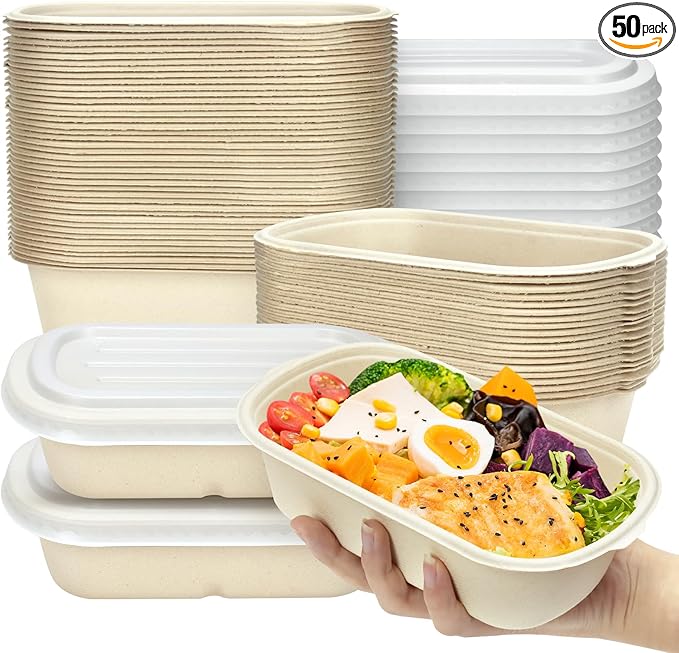 50 Pack Disposable Meal Prep Containers with Lid, 23 oz Bagasse Paper Take Out Food Containers Disposable Cardboard Meal Prep Container Serving Bowls for Snack Lunch Salad Leftovers