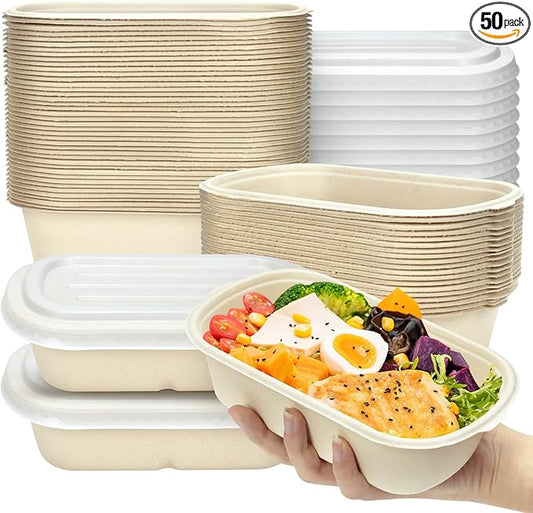 50 Pack Disposable Meal Prep Containers with Lid, 23 oz Bagasse Paper Take Out Food Containers Disposable Cardboard Meal Prep Container Serving Bowls for Snack Lunch Salad Leftovers