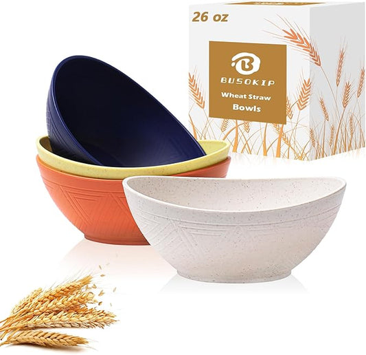 Unbreakable Cereal Bowls, 26 OZ Wheat Straw Bowl Set of 4, Microwave and Dishwasher Safe Bowls for Kitchen, Lightweight Serving Bowl for Cereal, Oatmeal, Salad (Mondrian Series)