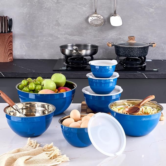 Blue Mixing Bowls With Airtight Lids,Stainless Steel Bowl,Salad Bowls 7 Piece Colorful Nesting Bowl Rainbow Kitchen Accessories,Size 7,3.6,2.7,2.1,1.5,1.1,0.8QT Stackable Design