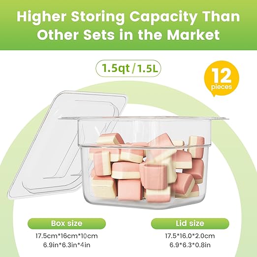 12 Pack Plastic Food Pan with Lid 1/6 Size 4 Inch Deep Restaurant Clear Food Storage Containers Polycarbonate Commercial Hotel Pans for Fruits Vegetables Beans Corns (12 PCS, 4'' Deep)
