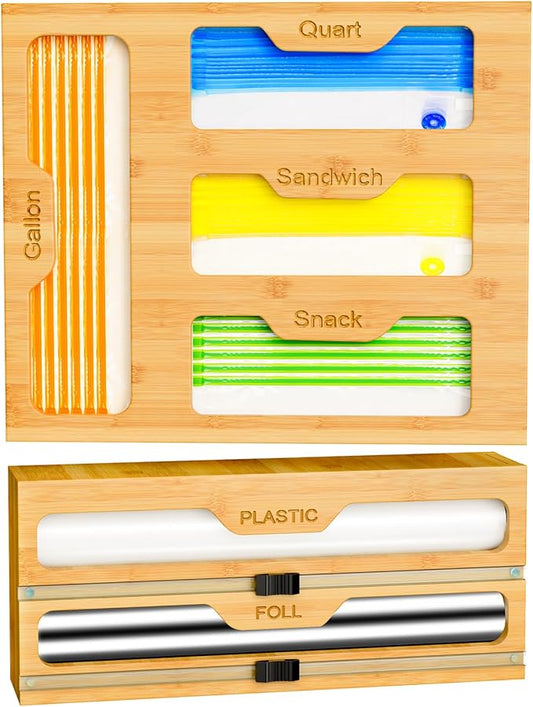 KOCWELL Bamboo Bag Storage Organizer - 2 Wrap Dispenser with Cutter & 4 Slots Food Storage Bags Container - Kitchen Drawer Plastic Bags Storage Organization for Gallon Quart Sandwich Snack Bags
