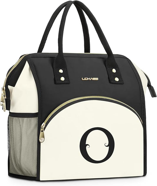 Personalized Lunch Bag for Women, Preppy Reusable Insulated Initials Lunch Box Gift for Friend Large Wide-Open Water Resistant Adult Cooler Tote Bag for Work, Travel, Picnic - Black O