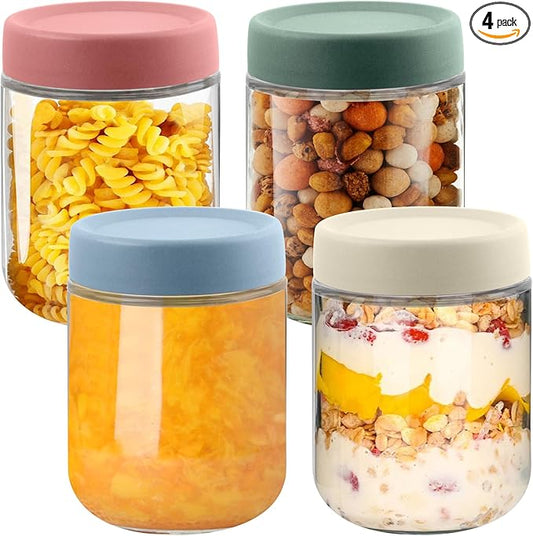 Glass jar with Airtight Lids 4 Set, 16oz overnight oats containers with lids, Glass Mason jars, Reusable Meal Prep Jars for Food Yogurt Snacks Storage