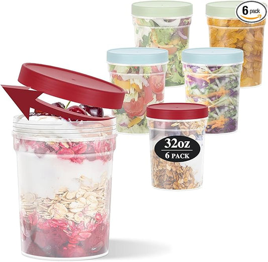 32oz-6 Pack Freezer Food Storage Containers with Lids, Plastic Deli Soup Container BPA Free, Leak Proof, Stackable, Microwave Dishwasher Safe (Red&Green&Blue)