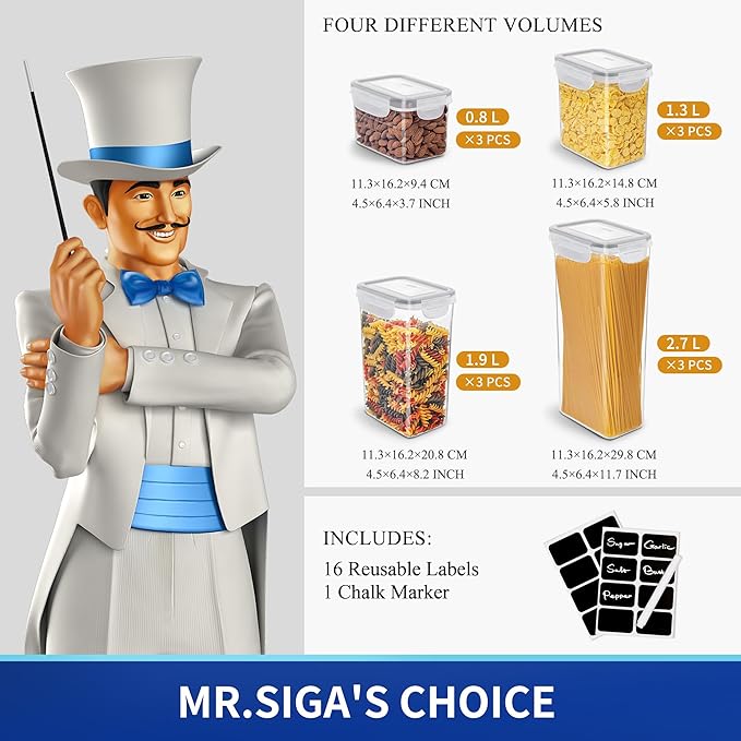MR.SIGA 16 Pack Airtight Food Storage Container Set, BPA Free Kitchen Pantry Organization, Kitchen Canisters for Cereal, Spaghetti, includes 24 Reusable Sticker Labels