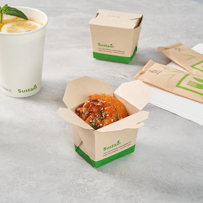 Restaurantware Sustain 8 Ounce Sturdy Paper Take Out Boxes, 200 Disposable Take Out Food Containers - With PLA lining, Compostable, Bamboo Paper Containers, Built-In Tab-Lock Cover, Greaseproof