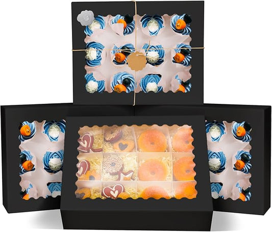 qiqee Black 12 Cupcake Boxes with Window 16-Packs Cupcake Box 13"x10"x3.5" Cupcakes Carrier, 12 Cupcake Containers