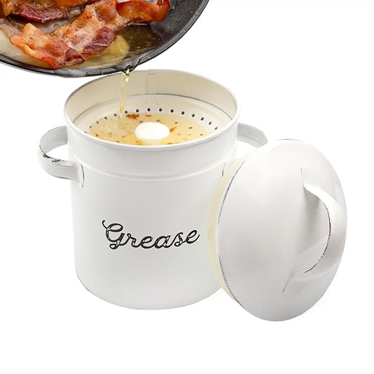 AuldHome Design Enamelware Grease Container w/ Strainer, Farmhouse Style Kitchen StorageTin, Labeled "Grease"
