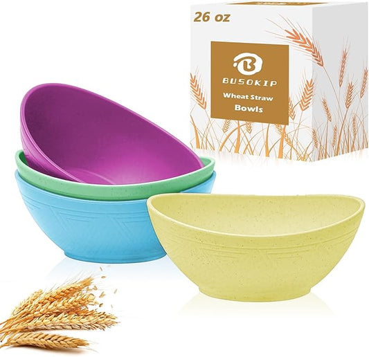 Unbreakable Cereal Bowls, 26 OZ Wheat Straw Bowl Set of 4, Microwave and Dishwasher Safe Bowls for Kitchen, Lightweight Serving Bowl for Cereal, Oatmeal, Salad (Memphis Series)