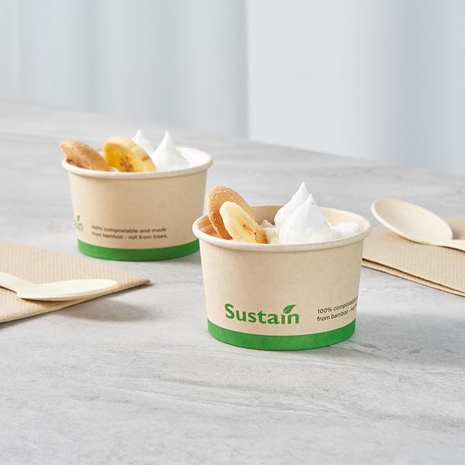 Restaurantware-Sustain 3 Ounce Paper Soup Containers, 50 Disposable Ice Cream Cups - Lids Sold Separately, With PLA lining, Bamboo To Go Hot Soup Bowls, Compostable, Greaseproof