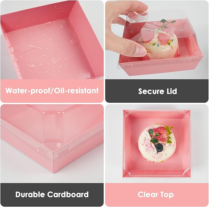 Kosotody 50 Pack Charcuterie Boxes with Clear Lids, 4 Inches Pink Oil-Proof Kraft Paper Food Containers Bakery Boxes for Sandwich, Cookies, Hot Cocoa, Cupcakes and Strawberries