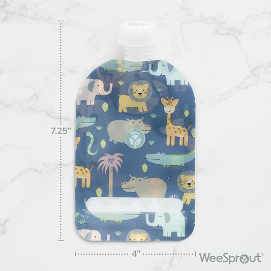 WeeSprout Double Zipper Reusable Food Pouches, Perfect for Babies & Toddlers, Freezer & Dishwasher Safe (Educational, 3.4 Fl Oz (Pack of 6) + Pouch Filler)