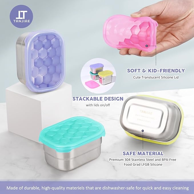 Small (1 CUP) Stainless Steel Snack Containers for Kids and Toddlers | Easy Open Leak Proof Food Containers with Silicone Lids - Perfect Metal Lunch Box for Daycare and School (8oz)