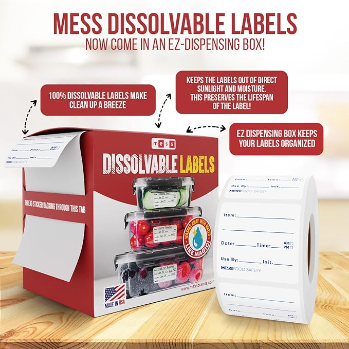 MESS Dissolvable Food Labels, 2x2, 200/Roll - Removable Labels for Mason Jars, Food Containers & Freezer – Blank Canning Labels – Dissolves in 30 Seconds