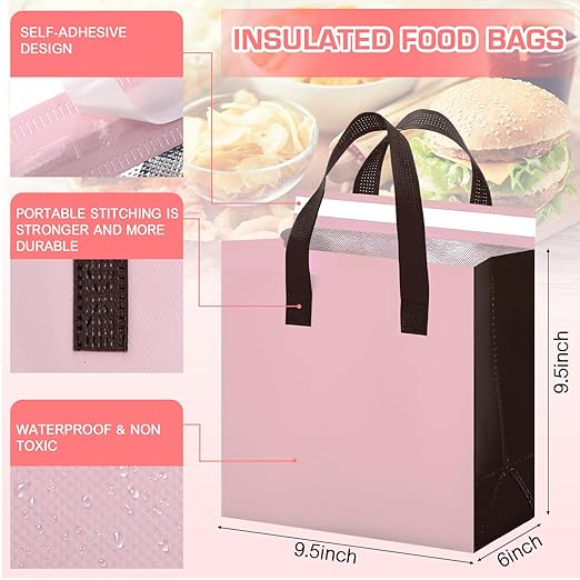 Kacctyen 100 Pcs Insulated Take Out Bags Bulk 9.5 x 6 x 9.5 in Thermal Insulation Food Bag for Coffee, Milk Tea, Hot Cold Food, Delivery Cooler Bag for Catering Restaurant Grocery Picnic(Pink)