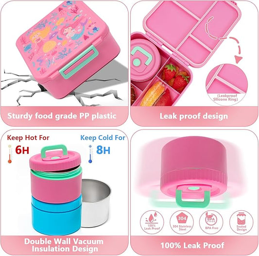 Bento Lunch Box for Kids with 8.5oz Soup Thermo, Kids Leakproof Lunch Food Containers with 4 Compartment, Pink Nylon Insulated Lunch Bag Adjustable Strap for Girl Teens School Travel Picnic