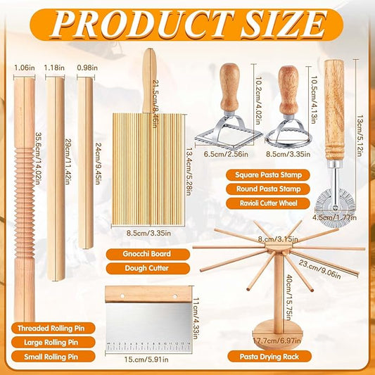 Pasta Making Tools, 9 Piece Wood Pasta Making Kit with 3 Rolling Pins, 1 Pasta Drying Rack, 1 Gnocchi Board, 1 Dough Cutter, 1 Ravioli Cutter, 2 Pasta Stamps, Ravioli Pasta Cutter Set for Pasta Maker