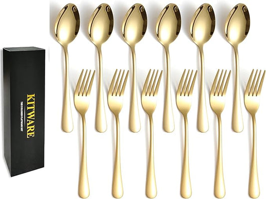 Gold Spoons and Forks Silverware Set, KITWARE 12 Pieces Stylist Colored Stainless Steel Flatware Cutlery Service for 6, Home Kitchen Utensil Sets for Restaurant, hotel, travel, outdoor, BBQ