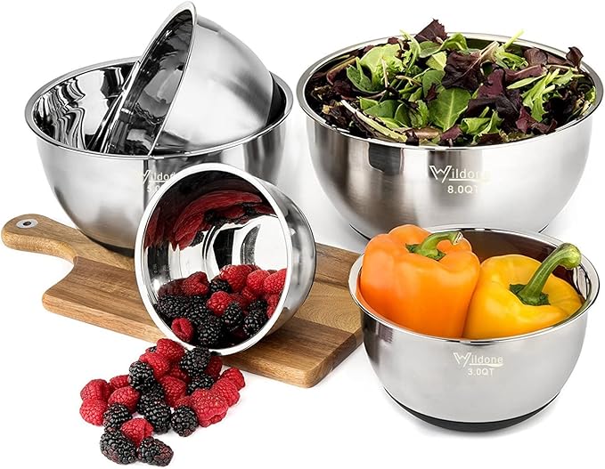 Wildone Mixing Bowls with Airtight Lids, Stainless Steel Nesting Mixing Bowls Set of 5, with Non-slip Silicone Bottoms, Size 8, 5, 3, 2, 1.5 QT, Stackable Design, Great for Mixing and Prepping