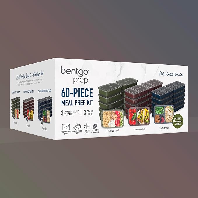 Bentgo Prep 60-Piece Meal Prep Kit - Reusable Food Containers 1-Compartment, 2-Compartment, & 3-Compartments for Healthy Eating - Microwave, Freezer, & Dishwasher Safe (Rich Shades)