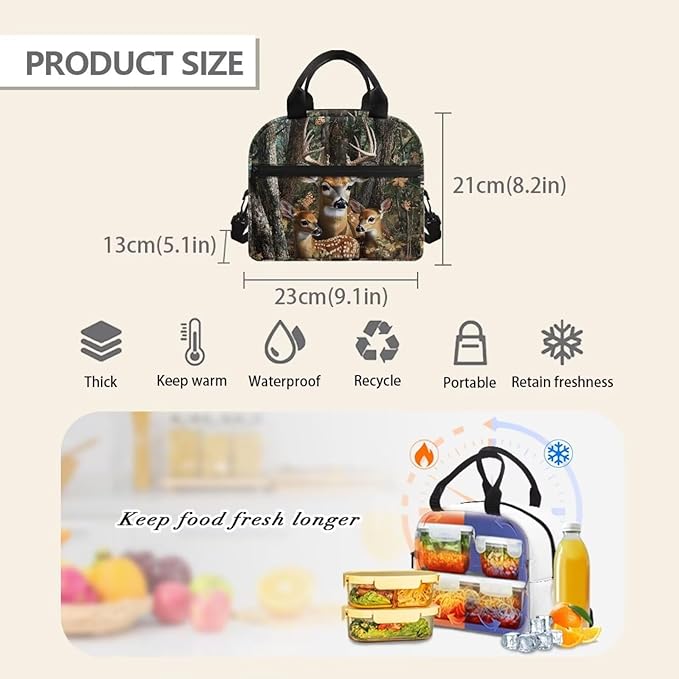 Showudesigns Forest Deer Lunch Bags for Boys 8-12 12-14 Insulated Lunch Box Kids Travel Bag Picnic Container Thermal Meal Tote Kit with Thick Handle Crossbody Bag Lunchbox Bento
