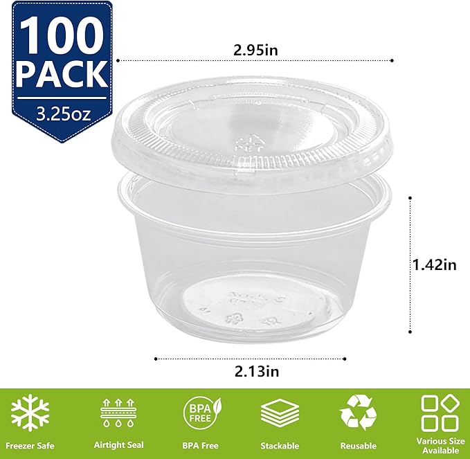 3.25oz Jello Shot Cups with Lids 100 Set, Leakproof & Freezer Safe Plastic Cups for Meal Prep Salad Dessert Condiment Sauce Souffle, Portion Cups for Lunch Party Trips
