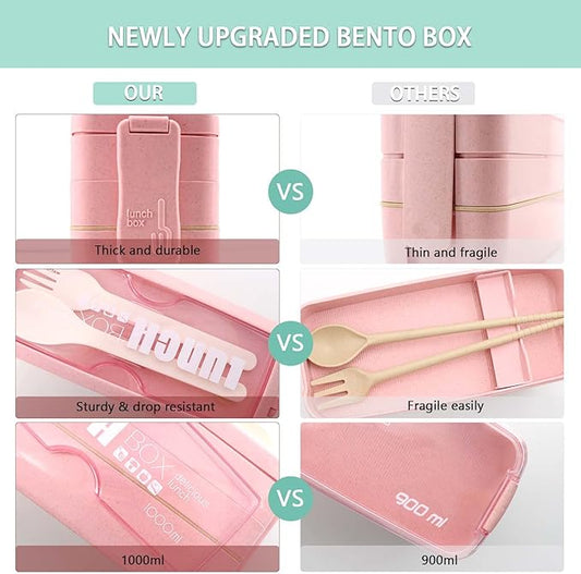 Bento Box Japanese Lunch Box Kit Leakproof Bento Lunch Box for Kids Adults Wheat Straw 3 Layer Stackable Lunch Containers with Compartment Eco-Friendly Meal Prep Containers (Pink)