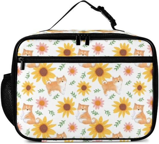 Dog Sunflower Reusable Lunch Box Insulated Lunch Bag Cooler Bag Lunchbox Meal Food Container Tote Bag for Women Kids Girls School Camping Hiking Picnic Beach Travel