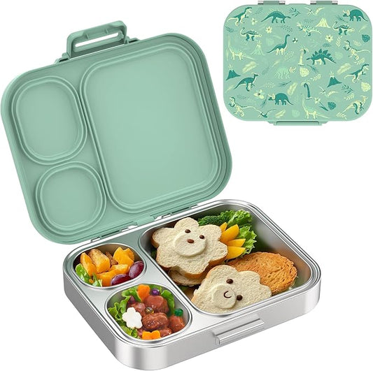 Kids Stainless Steel Lunch Box, Leak-Proof with free sealing Bento Box 3 Compartments Green Boy