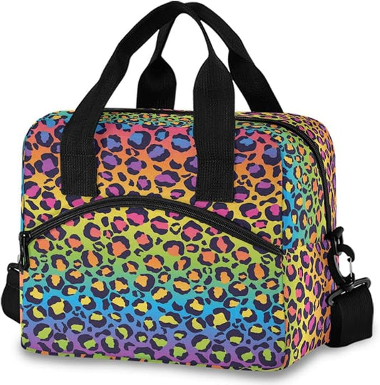 MNSRUU Insulated Lunch Bag - Rainbow Gradient Leopard Lunch Box with Adjustable Shoulder Strap - Reusable, Leakproof Cooler Bag for Work, School