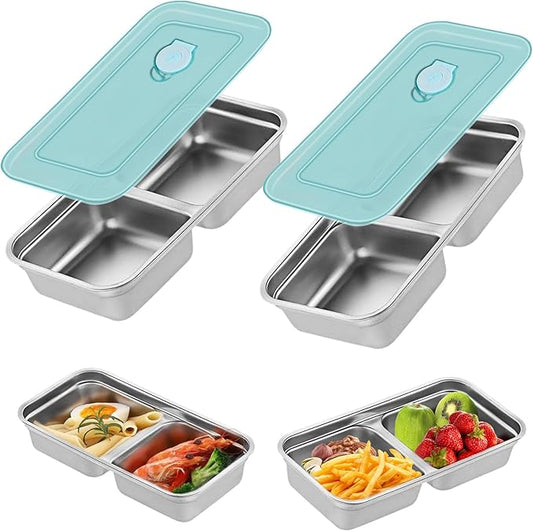 2pcs Grab and Go Snack Containers Stainless Steel,Double Compartment Snack Condiment Containers with Lid,Reusable Food Lunch Meal Container Prep,Leak Proof Bento Box for Travel,Camping,Packs Container