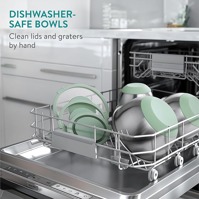Navaris Stainless Steel Mixing Bowls with Graters (Set of 3) - Baking or Cooking Bowl Set with Lids, Grater Attachments, Non-Slip Silicone Base - Mint Green