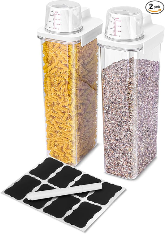 Air Tight Cereal Container Organizer Set of 2-2900ML Total 196oz, Dry Food Storage for Pet Food, Rice, Oatmeal with Pour Spout Lid & Small Plastic Measuring Cup for Flour and Sugar
