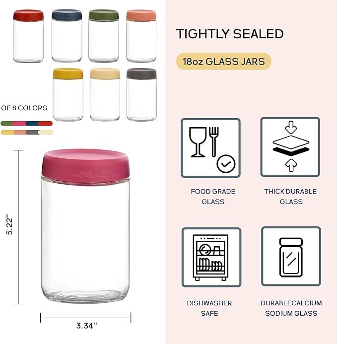 18 OZ Glass Food Jar Storage Containers with Airtight Lids, Reusable Wide Mouth Overnight Oats Glass Mason Jars for Snacks Yogurt Pudding(Multicolor 8pack)
