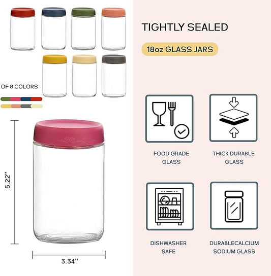 18 OZ Glass Food Jar Storage Containers with Airtight Lids, Reusable Wide Mouth Overnight Oats Glass Mason Jars for Snacks Yogurt Pudding(Multicolor 8pack)
