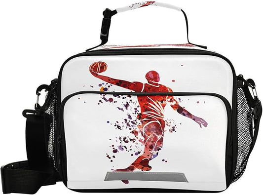 Pfrewn Red Basketball Player Painting Lunch Box for Kids School Students Insulated Lunch Bag with Shoulder Strap for Office Adults Reusable Cooler Bags Lunch Tote