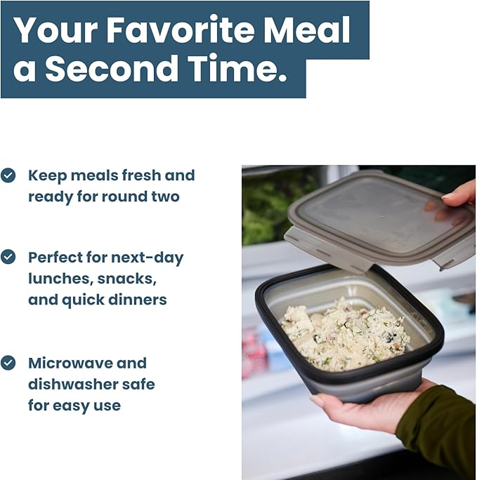 Drip EZ Secondz Collapsible Food Storage Containers (set of 3) - Meal Prep, Leftovers, Lunch, Camping, Hiking - Dishwasher & Microwave Safe - BPA-free Silicone - Locking Lids - Charcoal