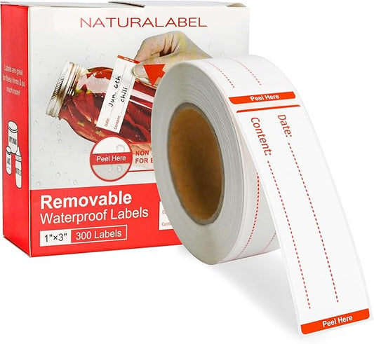 NATURALABEL 300 PCS Removable Freezer Labels with Dispenser - 1" x 3" Food Labels for Meal Prep Containers & Pantry Organizers, Easy Peel-Off Design, No Residue (Red)